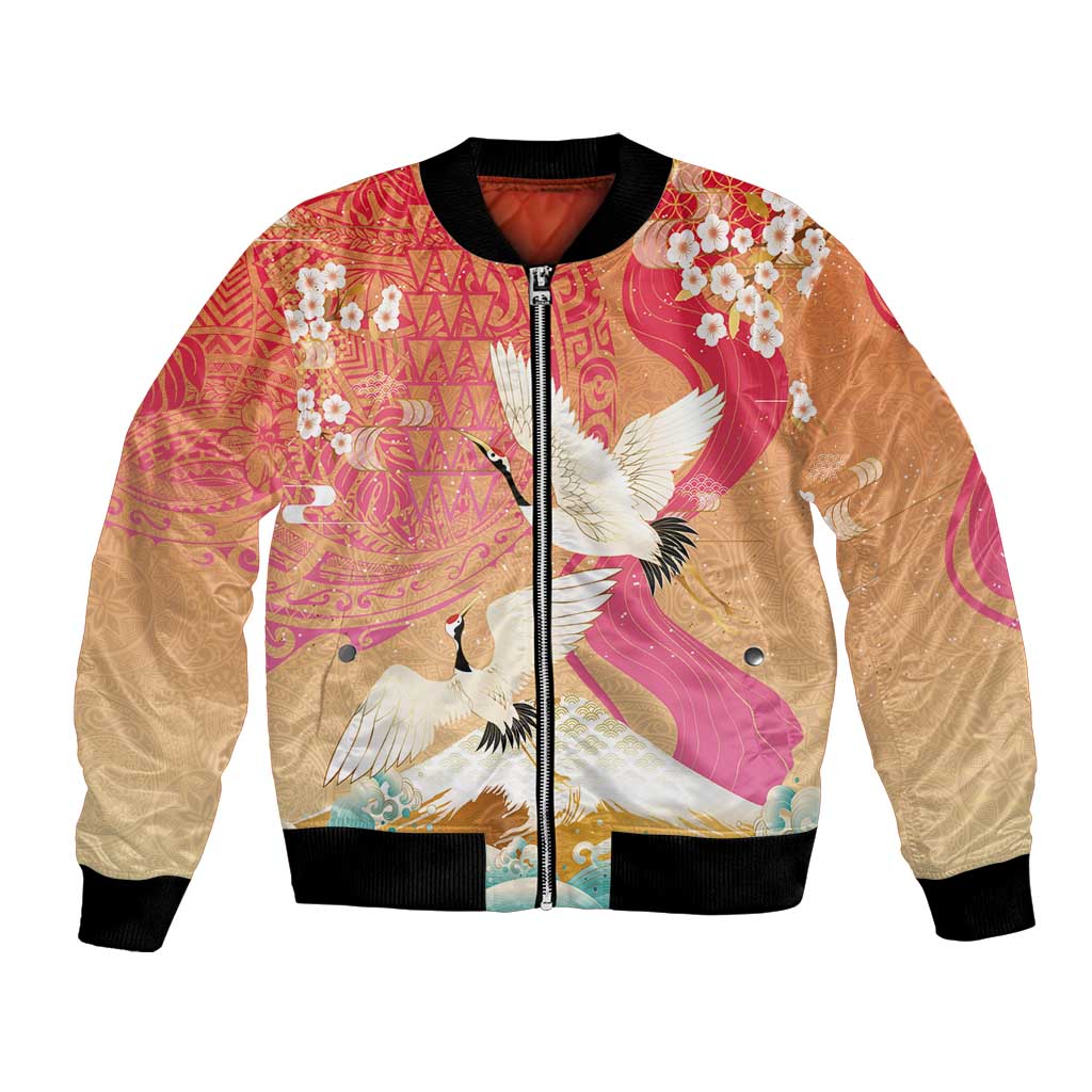 Hawaiian and Japanese Culture Together Bomber Jacket Kakau Art Tattoo with Cranes and Sakura Spring Vibe LT03 Unisex Multicolor - Polynesian Pride