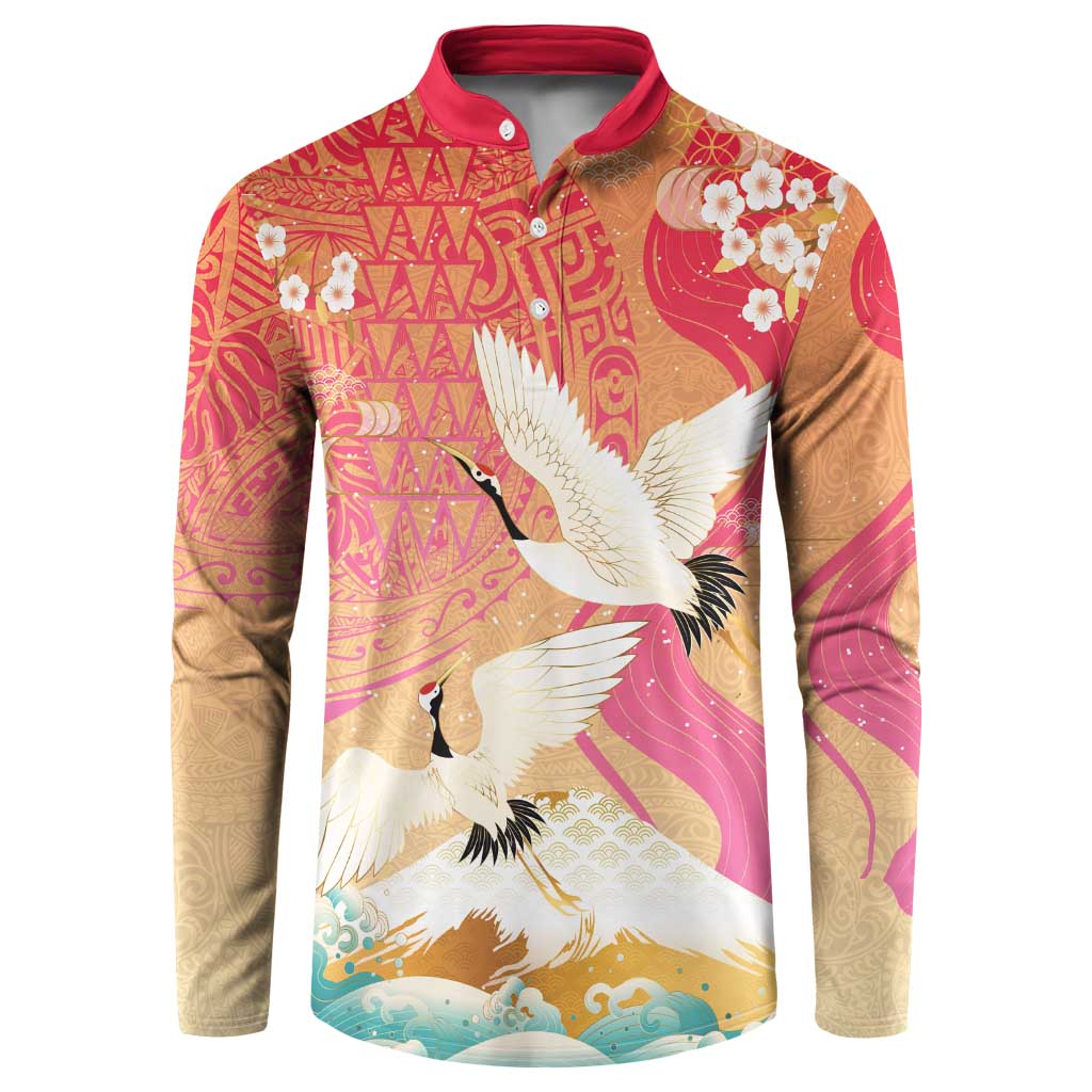 Hawaiian and Japanese Culture Together Button Sweatshirt Kakau Art Tattoo with Cranes and Sakura Spring Vibe LT03 Multicolor - Polynesian Pride