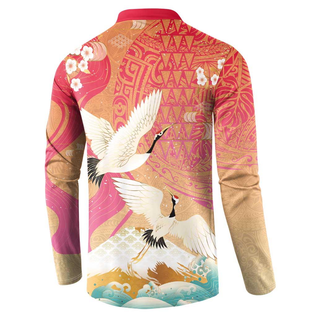 Hawaiian and Japanese Culture Together Button Sweatshirt Kakau Art Tattoo with Cranes and Sakura Spring Vibe LT03 - Polynesian Pride