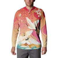 Hawaiian and Japanese Culture Together Button Sweatshirt Kakau Art Tattoo with Cranes and Sakura Spring Vibe LT03 - Polynesian Pride