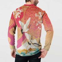 Hawaiian and Japanese Culture Together Button Sweatshirt Kakau Art Tattoo with Cranes and Sakura Spring Vibe LT03 - Polynesian Pride