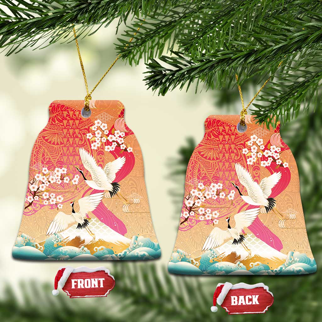 Hawaiian and Japanese Culture Together Ceramic Ornament Kakau Art Tattoo with Cranes and Sakura Spring Vibe - Polynesian Pride