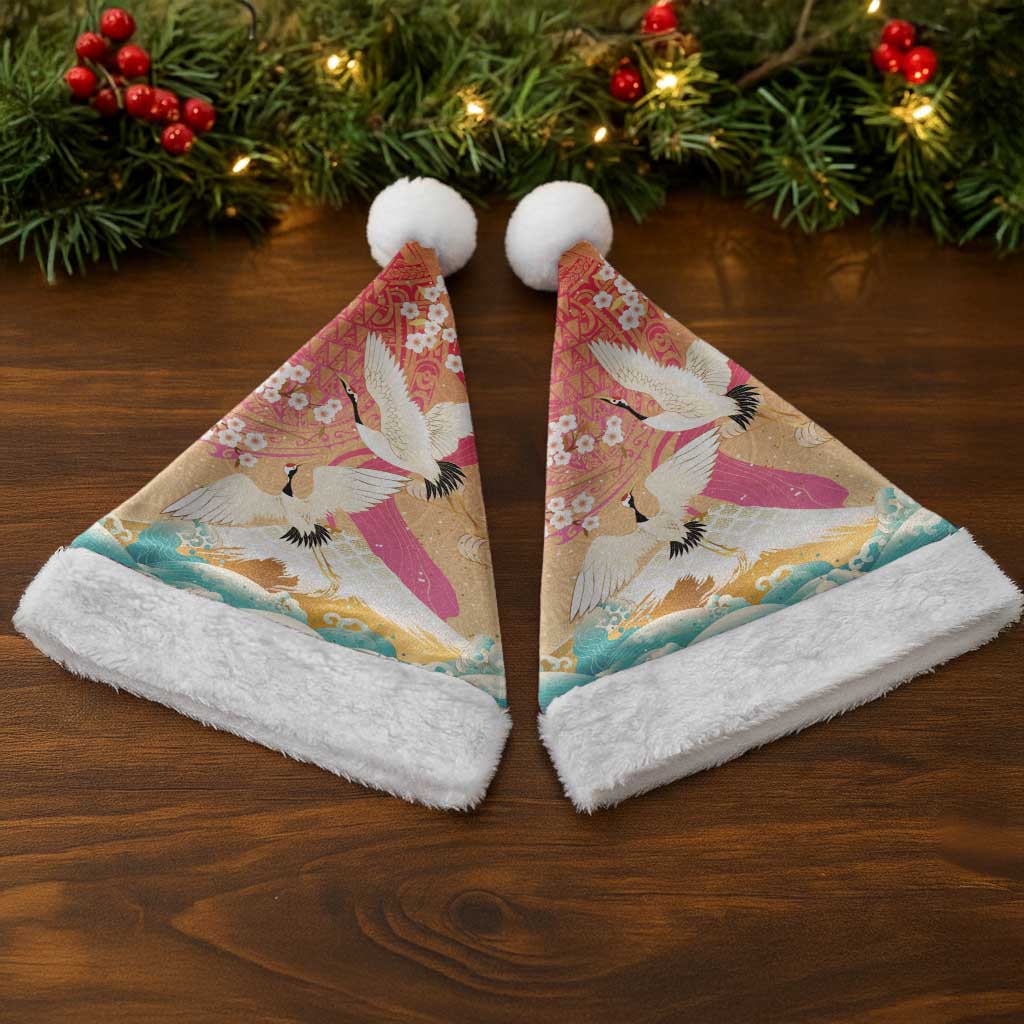 Hawaiian and Japanese Culture Together Christmas Santa Hat Kakau Art Tattoo with Cranes and Sakura Spring Vibe - Polynesian Pride