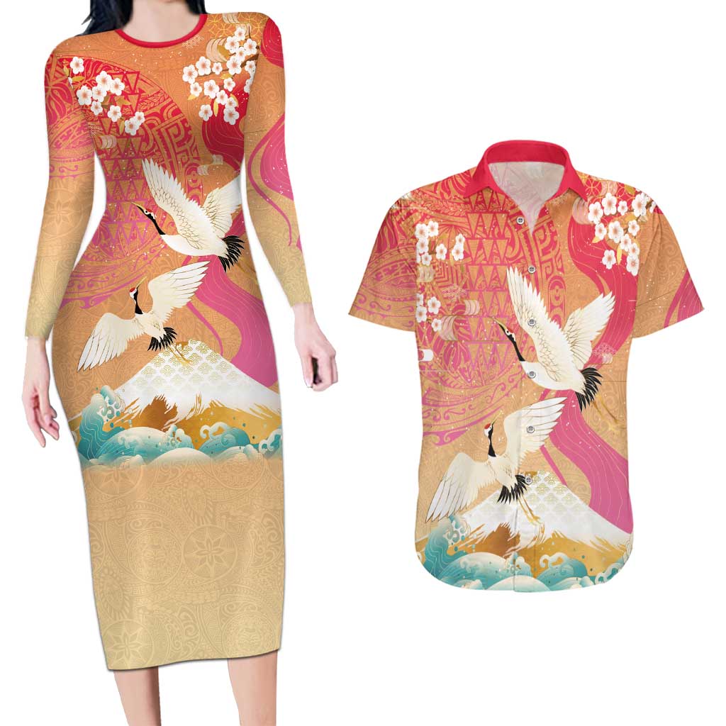 Hawaiian and Japanese Culture Together Couples Matching Long Sleeve Bodycon Dress and Hawaiian Shirt Kakau Art Tattoo with Cranes and Sakura Spring Vibe - Polynesian Pride