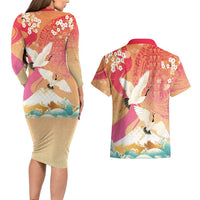 Hawaiian and Japanese Culture Together Couples Matching Long Sleeve Bodycon Dress and Hawaiian Shirt Kakau Art Tattoo with Cranes and Sakura Spring Vibe - Polynesian Pride