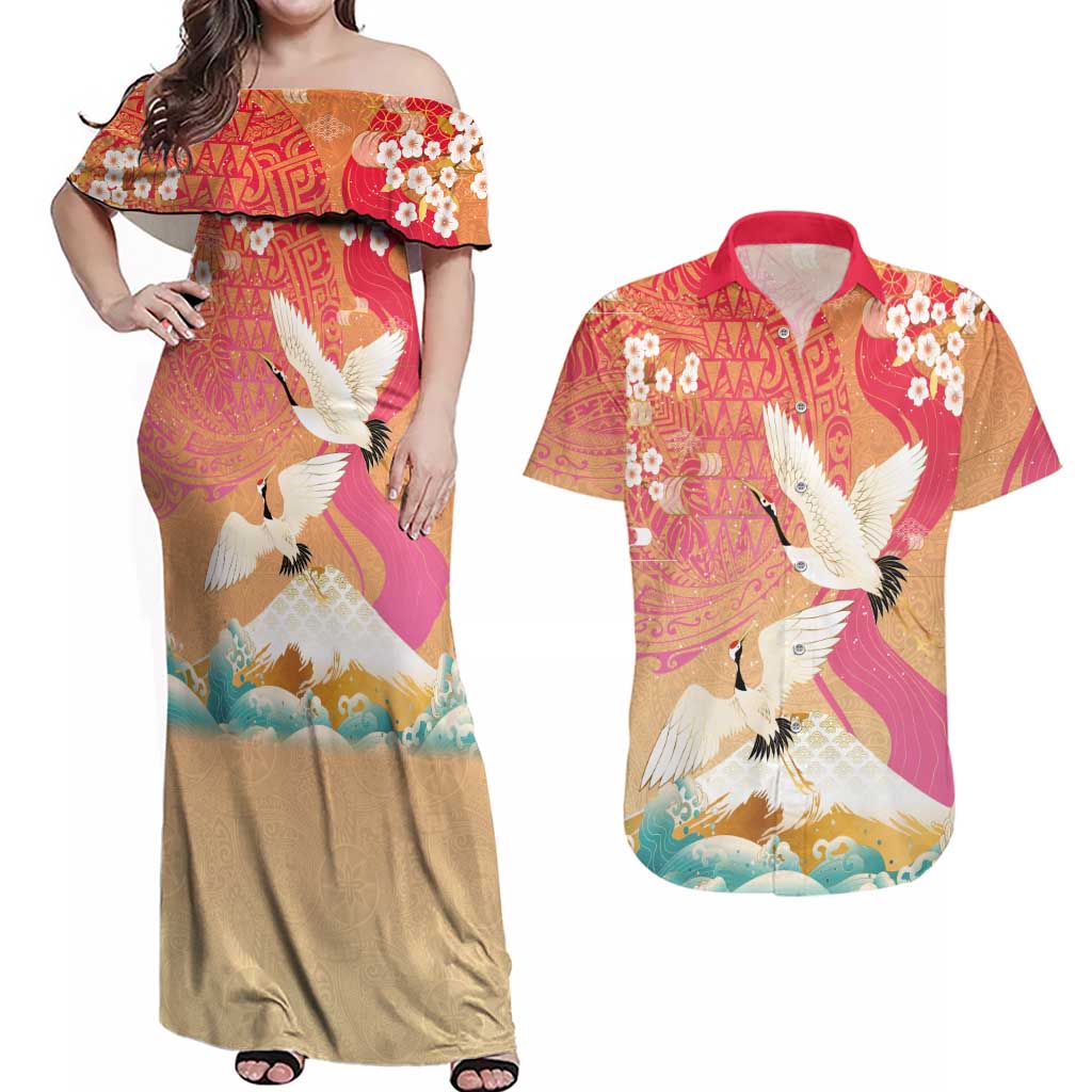 Hawaiian and Japanese Culture Together Couples Matching Off Shoulder Maxi Dress and Hawaiian Shirt Kakau Art Tattoo with Cranes and Sakura Spring Vibe - Polynesian Pride