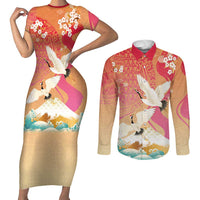 Hawaiian and Japanese Culture Together Couples Matching Short Sleeve Bodycon Dress and Long Sleeve Button Shirt Kakau Art Tattoo with Cranes and Sakura Spring Vibe - Polynesian Pride