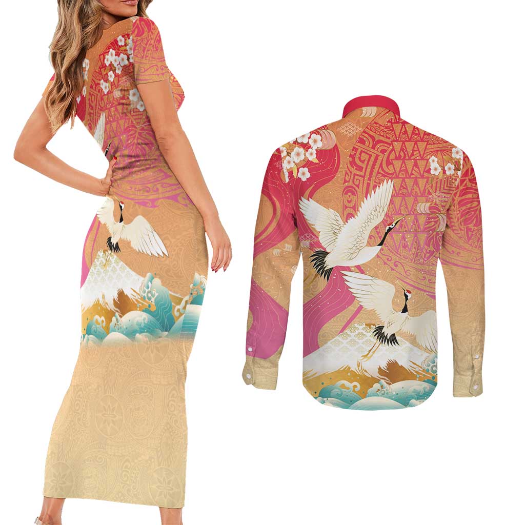 Hawaiian and Japanese Culture Together Couples Matching Short Sleeve Bodycon Dress and Long Sleeve Button Shirt Kakau Art Tattoo with Cranes and Sakura Spring Vibe - Polynesian Pride