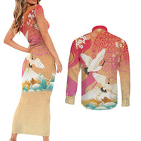 Hawaiian and Japanese Culture Together Couples Matching Short Sleeve Bodycon Dress and Long Sleeve Button Shirt Kakau Art Tattoo with Cranes and Sakura Spring Vibe - Polynesian Pride