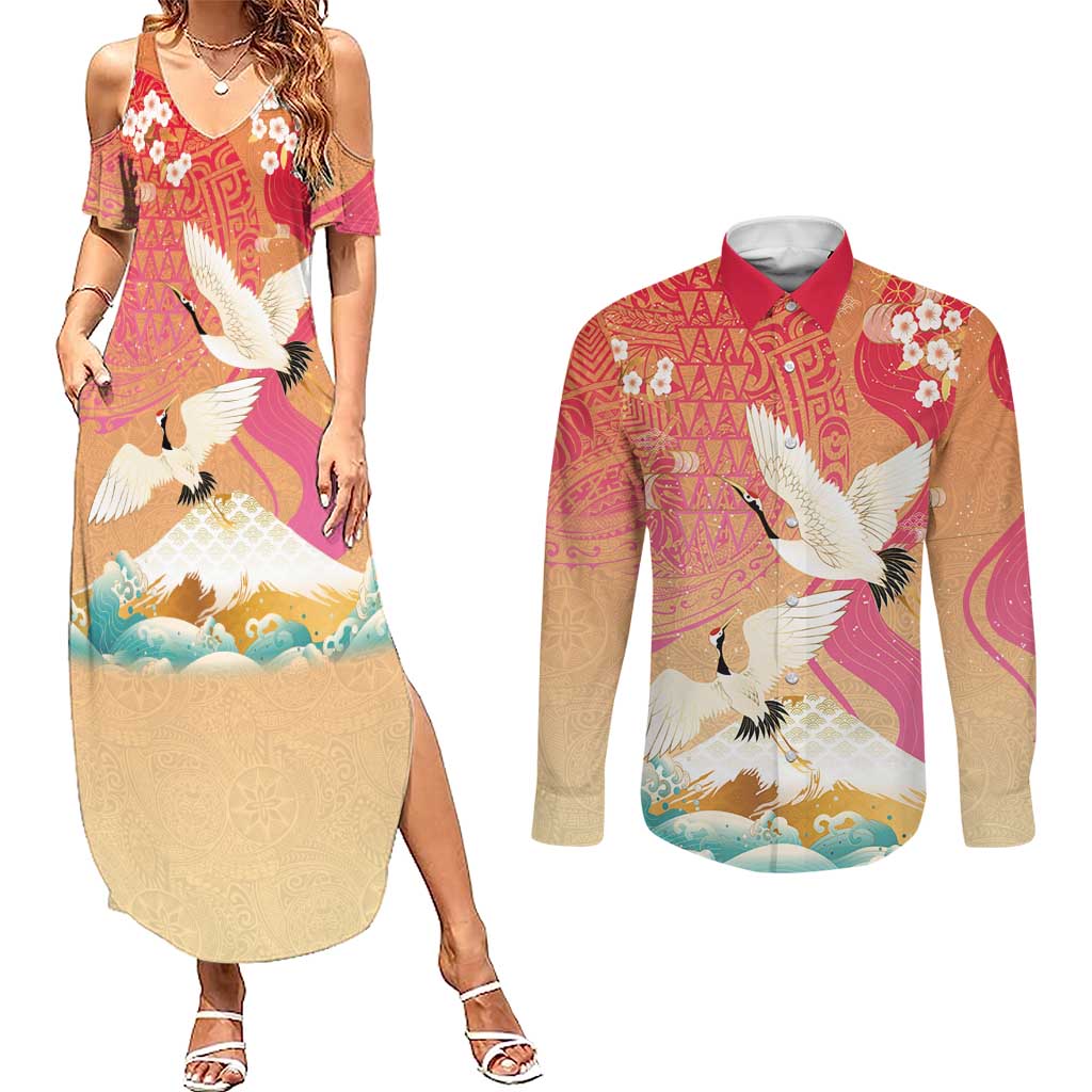 Hawaiian and Japanese Culture Together Couples Matching Summer Maxi Dress and Long Sleeve Button Shirt Kakau Art Tattoo with Cranes and Sakura Spring Vibe - Polynesian Pride