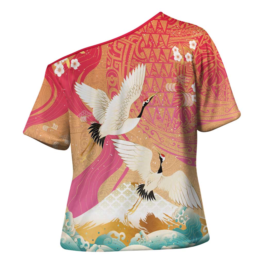 Hawaiian and Japanese Culture Together Cross Shoulder Shirt Kakau Art Tattoo with Cranes and Sakura Spring Vibe - Polynesian Pride