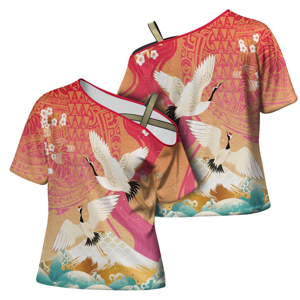 Hawaiian and Japanese Culture Together Cross Shoulder Shirt Kakau Art Tattoo with Cranes and Sakura Spring Vibe - Polynesian Pride