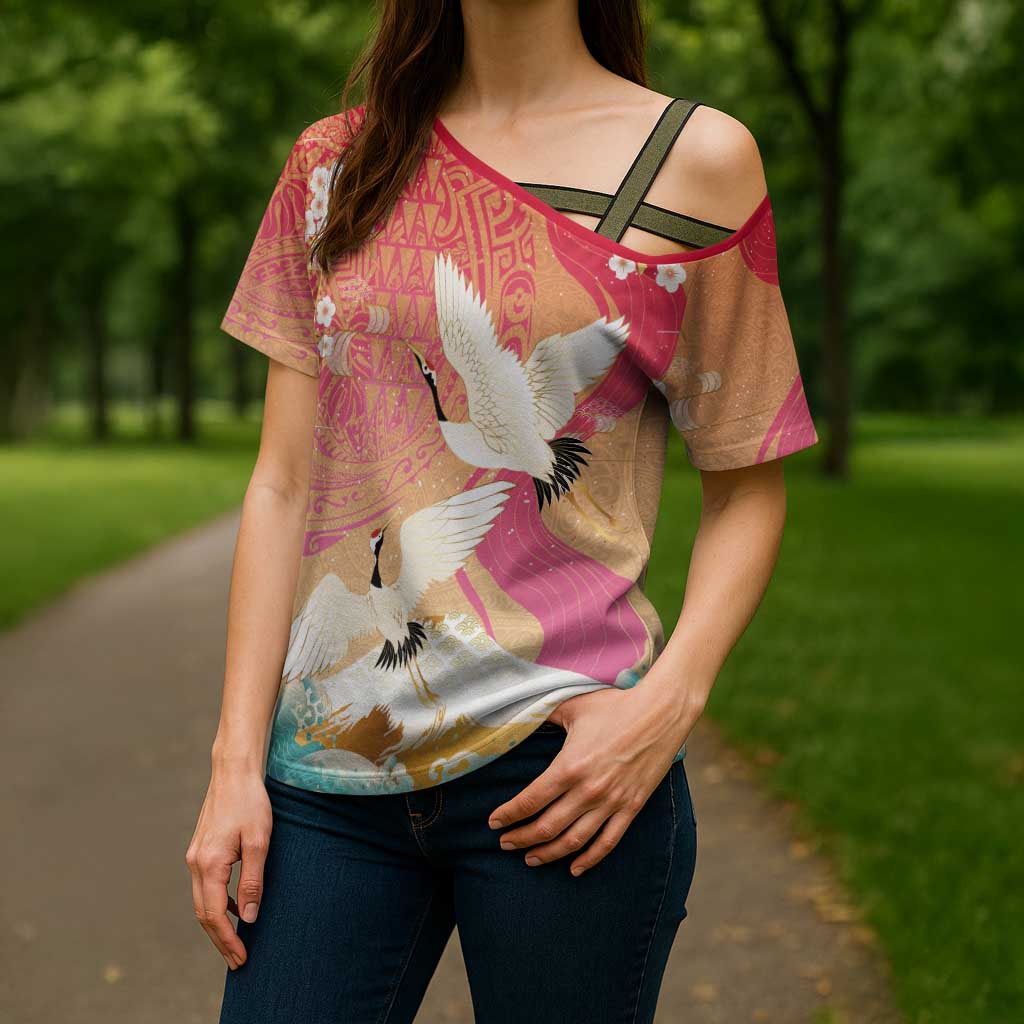 Hawaiian and Japanese Culture Together Cross Shoulder Shirt Kakau Art Tattoo with Cranes and Sakura Spring Vibe - Polynesian Pride