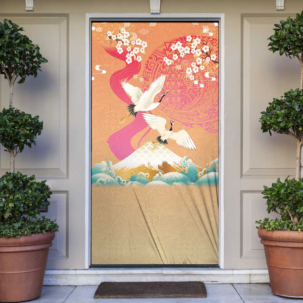 Hawaiian and Japanese Culture Together Door Cover Kakau Art Tattoo with Cranes and Sakura Spring Vibe - Polynesian Pride