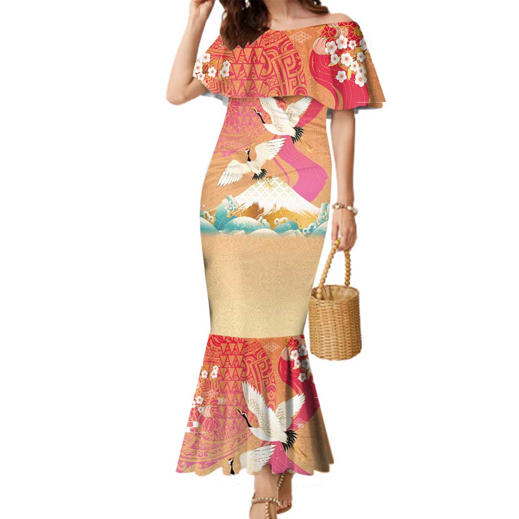 Hawaiian and Japanese Culture Together Family Matching Mermaid Dress and Hawaiian Shirt Kakau Art Tattoo with Cranes and Sakura Spring Vibe - Polynesian Pride