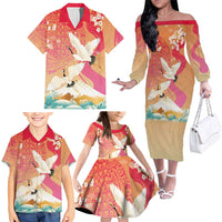 Hawaiian and Japanese Culture Together Family Matching Off The Shoulder Long Sleeve Dress and Hawaiian Shirt Kakau Art Tattoo with Cranes and Sakura Spring Vibe - Polynesian Pride
