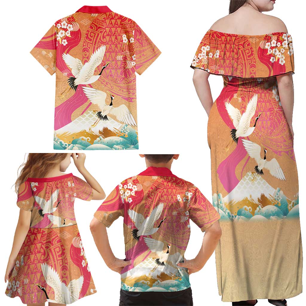 Hawaiian and Japanese Culture Together Family Matching Off Shoulder Maxi Dress and Hawaiian Shirt Kakau Art Tattoo with Cranes and Sakura Spring Vibe - Polynesian Pride