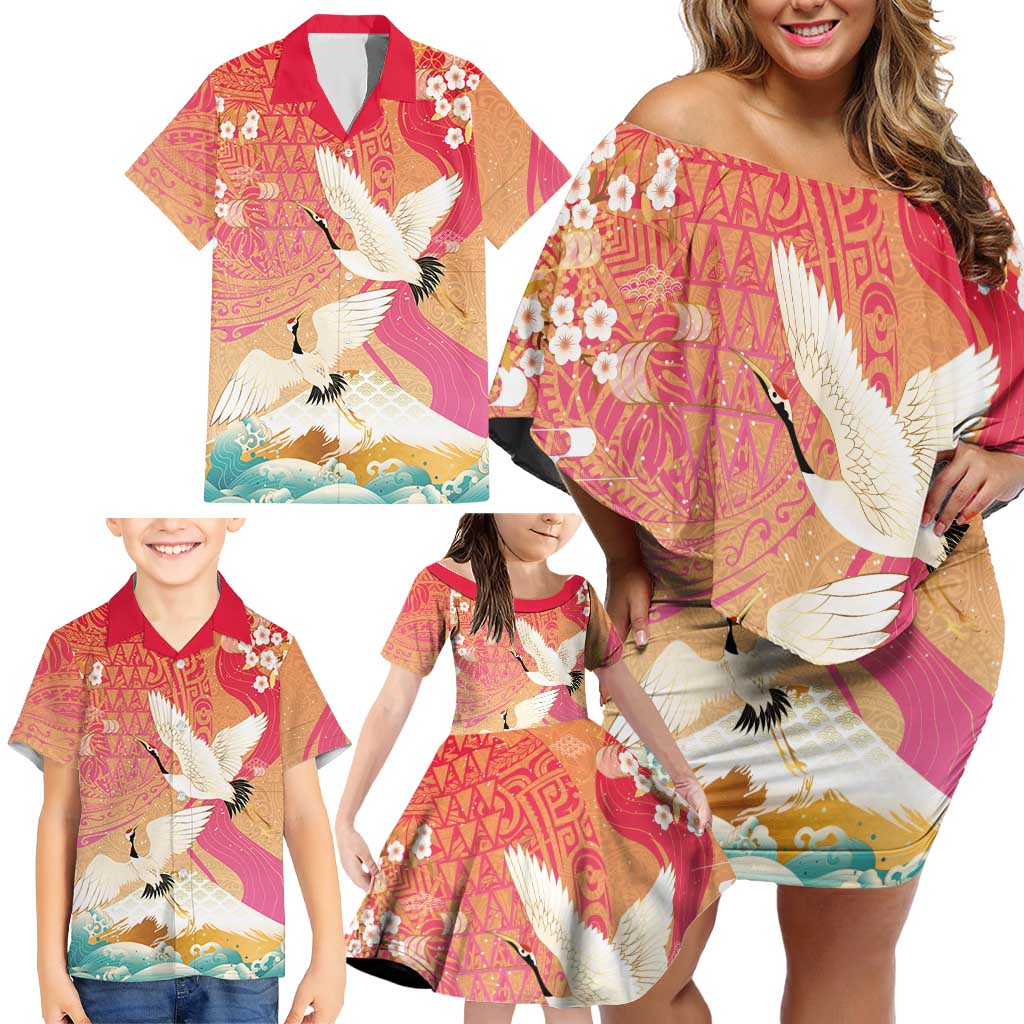 Hawaiian and Japanese Culture Together Family Matching Off Shoulder Short Dress and Hawaiian Shirt Kakau Art Tattoo with Cranes and Sakura Spring Vibe - Polynesian Pride