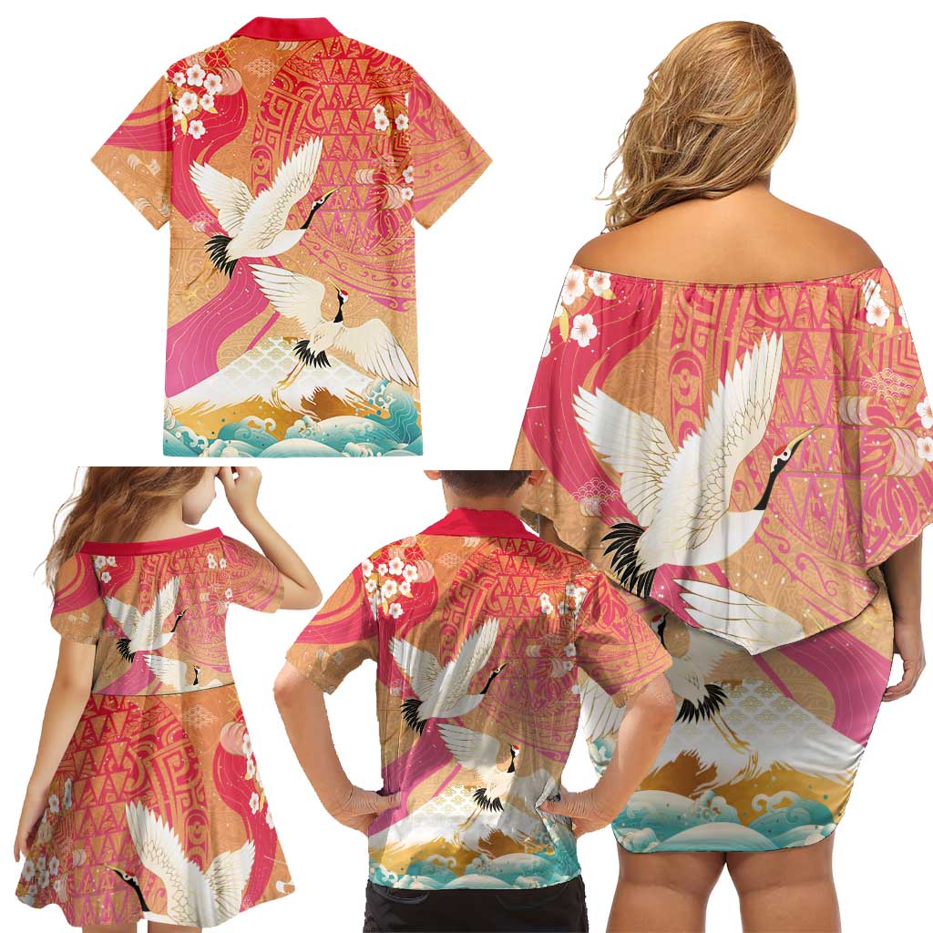 Hawaiian and Japanese Culture Together Family Matching Off Shoulder Short Dress and Hawaiian Shirt Kakau Art Tattoo with Cranes and Sakura Spring Vibe - Polynesian Pride