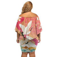 Hawaiian and Japanese Culture Together Family Matching Off Shoulder Short Dress and Hawaiian Shirt Kakau Art Tattoo with Cranes and Sakura Spring Vibe - Polynesian Pride