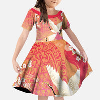 Hawaiian and Japanese Culture Together Family Matching Puletasi and Hawaiian Shirt Kakau Art Tattoo with Cranes and Sakura Spring Vibe LT03 Daughter's Dress Multicolor - Polynesian Pride