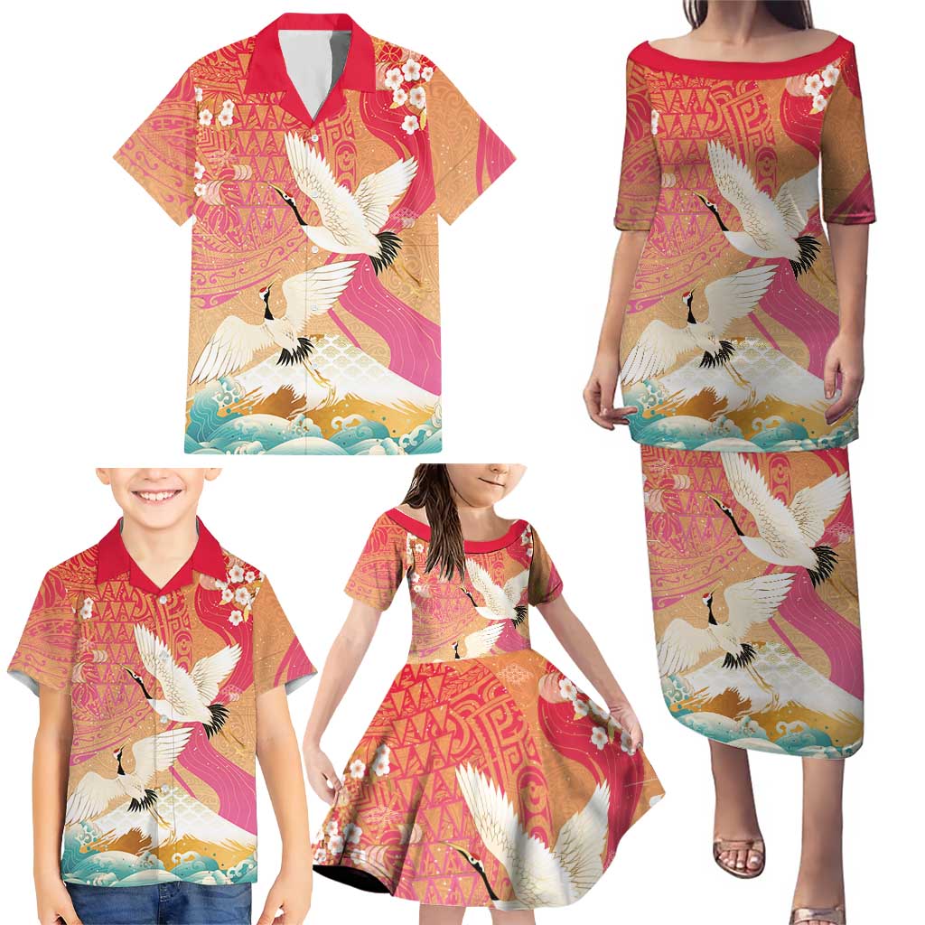 Hawaiian and Japanese Culture Together Family Matching Puletasi and Hawaiian Shirt Kakau Art Tattoo with Cranes and Sakura Spring Vibe LT03 - Polynesian Pride