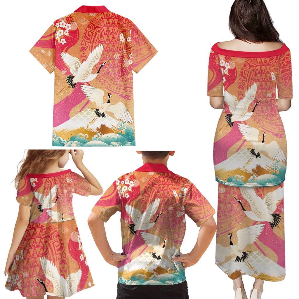 Hawaiian and Japanese Culture Together Family Matching Puletasi and Hawaiian Shirt Kakau Art Tattoo with Cranes and Sakura Spring Vibe LT03 - Polynesian Pride