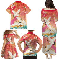 Hawaiian and Japanese Culture Together Family Matching Puletasi and Hawaiian Shirt Kakau Art Tattoo with Cranes and Sakura Spring Vibe LT03 - Polynesian Pride