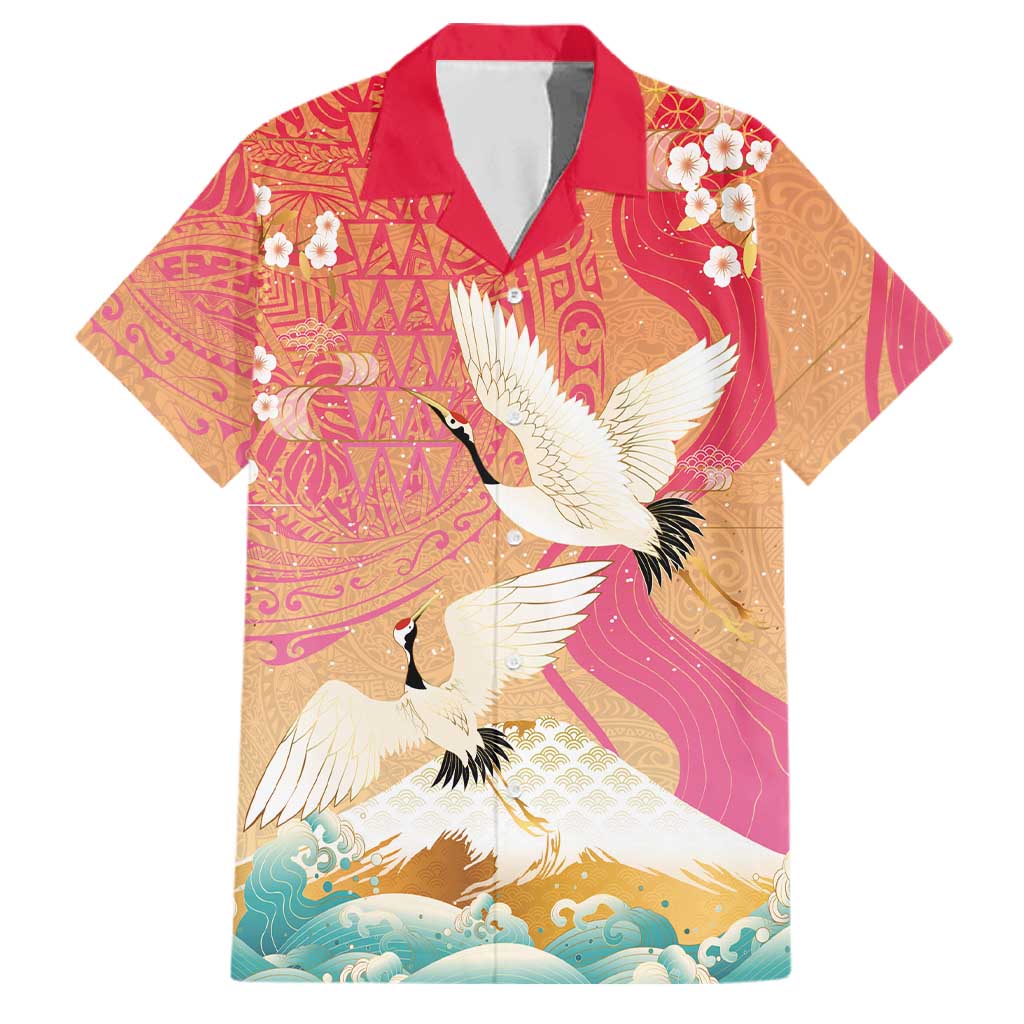 Hawaiian and Japanese Culture Together Family Matching Puletasi and Hawaiian Shirt Kakau Art Tattoo with Cranes and Sakura Spring Vibe LT03 Dad's Shirt - Short Sleeve Multicolor - Polynesian Pride