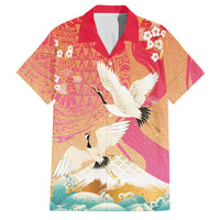 Hawaiian and Japanese Culture Together Family Matching Puletasi and Hawaiian Shirt Kakau Art Tattoo with Cranes and Sakura Spring Vibe LT03 Dad's Shirt - Short Sleeve Multicolor - Polynesian Pride