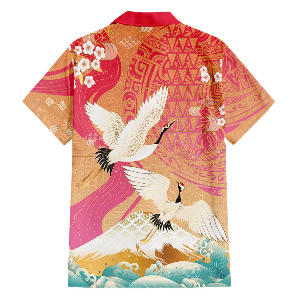 Hawaiian and Japanese Culture Together Family Matching Puletasi and Hawaiian Shirt Kakau Art Tattoo with Cranes and Sakura Spring Vibe LT03 - Polynesian Pride