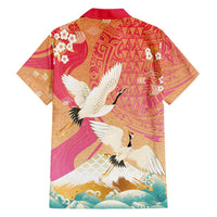 Hawaiian and Japanese Culture Together Family Matching Puletasi and Hawaiian Shirt Kakau Art Tattoo with Cranes and Sakura Spring Vibe LT03 - Polynesian Pride