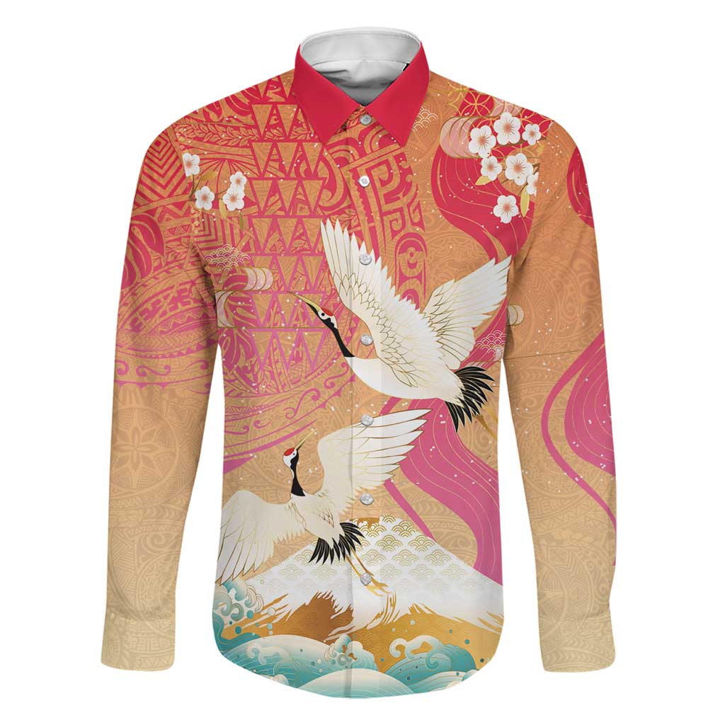 Hawaiian and Japanese Culture Together Family Matching Puletasi and Hawaiian Shirt Kakau Art Tattoo with Cranes and Sakura Spring Vibe LT03 Dad's Shirt - Long Sleeve Multicolor - Polynesian Pride