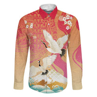 Hawaiian and Japanese Culture Together Family Matching Puletasi and Hawaiian Shirt Kakau Art Tattoo with Cranes and Sakura Spring Vibe LT03 Dad's Shirt - Long Sleeve Multicolor - Polynesian Pride