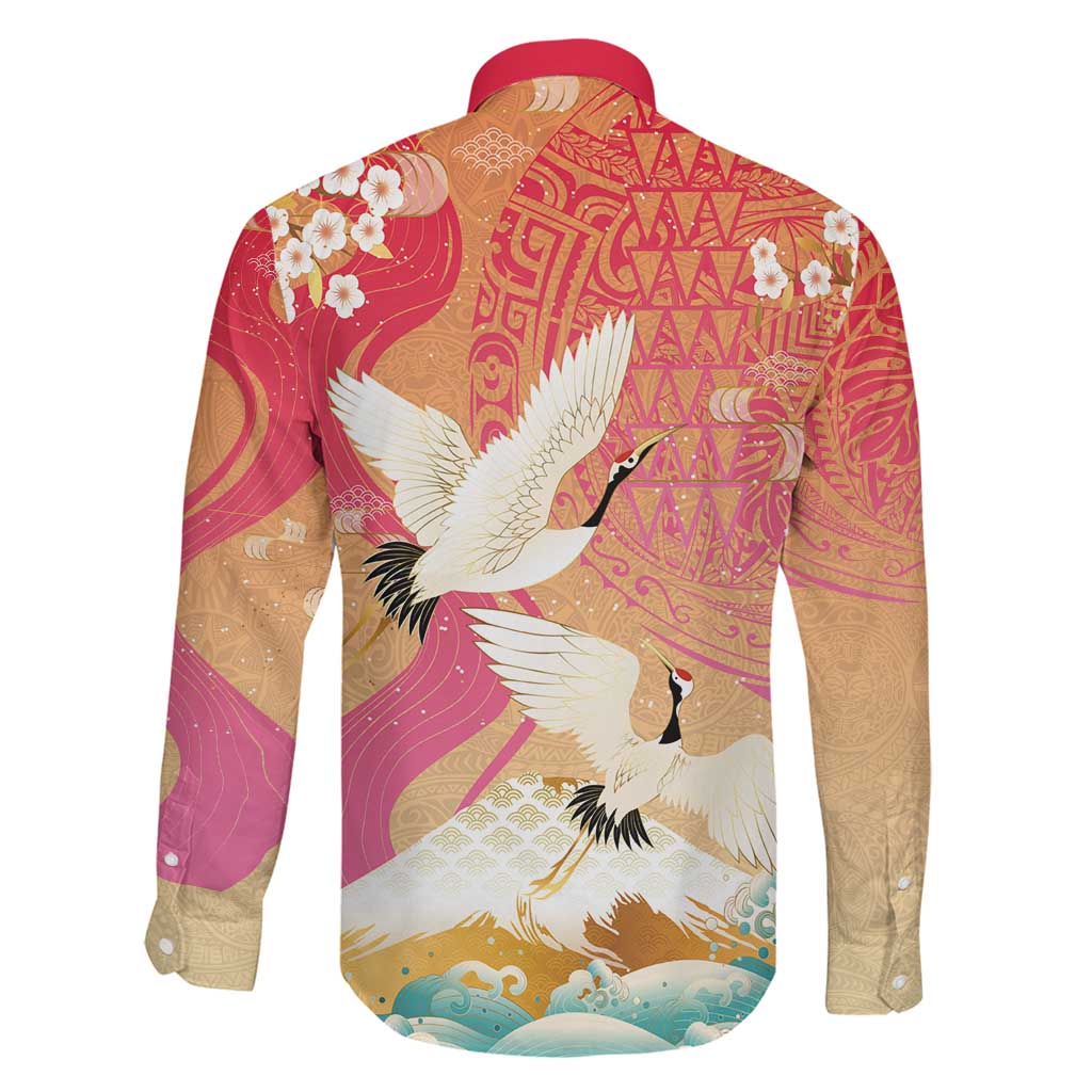 Hawaiian and Japanese Culture Together Family Matching Puletasi and Hawaiian Shirt Kakau Art Tattoo with Cranes and Sakura Spring Vibe LT03 - Polynesian Pride