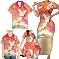 Hawaiian and Japanese Culture Together Family Matching Short Sleeve Bodycon Dress and Hawaiian Shirt Kakau Art Tattoo with Cranes and Sakura Spring Vibe - Polynesian Pride