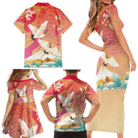 Hawaiian and Japanese Culture Together Family Matching Short Sleeve Bodycon Dress and Hawaiian Shirt Kakau Art Tattoo with Cranes and Sakura Spring Vibe - Polynesian Pride