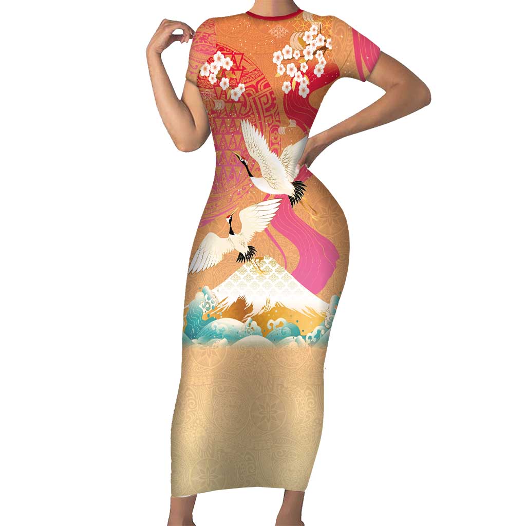 Hawaiian and Japanese Culture Together Family Matching Short Sleeve Bodycon Dress and Hawaiian Shirt Kakau Art Tattoo with Cranes and Sakura Spring Vibe - Polynesian Pride