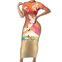 Hawaiian and Japanese Culture Together Family Matching Short Sleeve Bodycon Dress and Hawaiian Shirt Kakau Art Tattoo with Cranes and Sakura Spring Vibe - Polynesian Pride