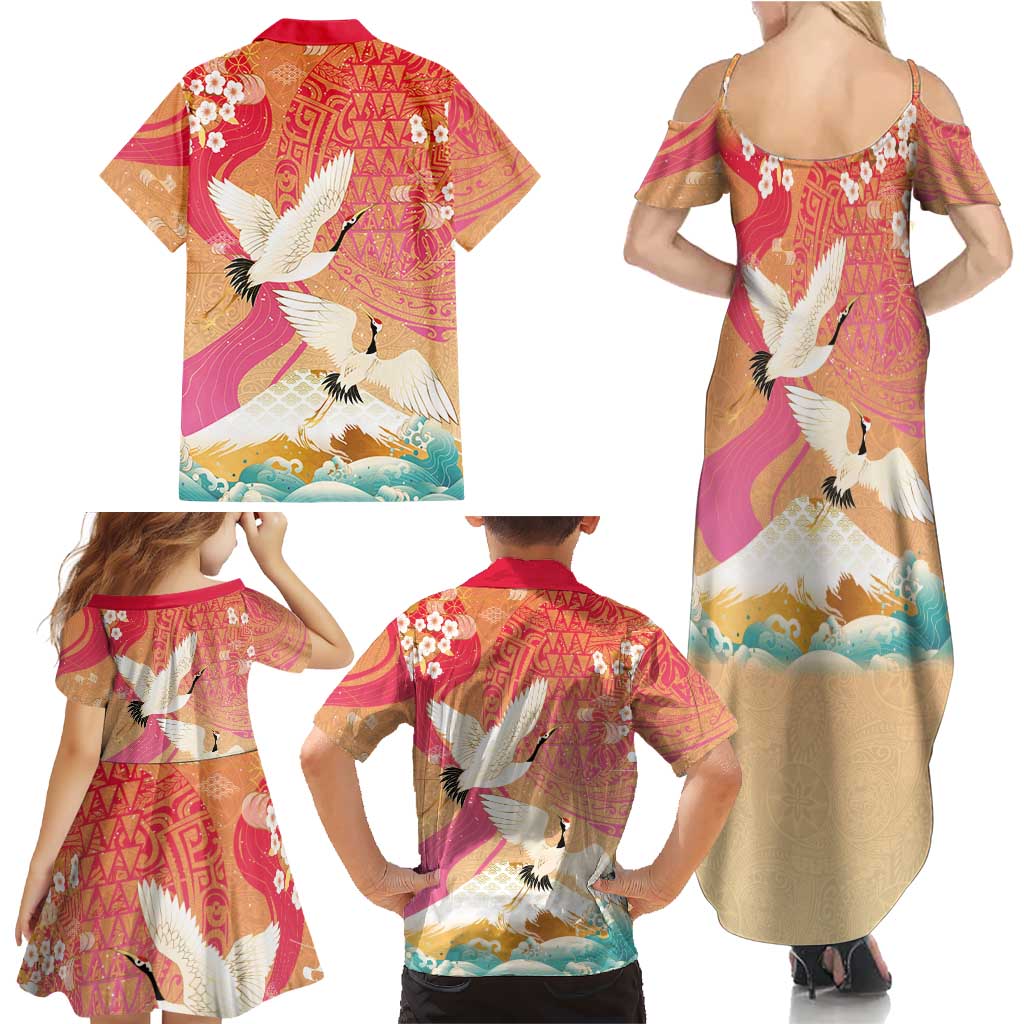 Hawaiian and Japanese Culture Together Family Matching Summer Maxi Dress and Hawaiian Shirt Kakau Art Tattoo with Cranes and Sakura Spring Vibe - Polynesian Pride