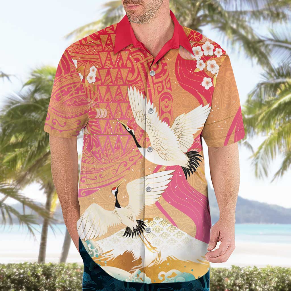 Hawaiian and Japanese Culture Together Hawaiian Shirt Kakau Art Tattoo with Cranes and Sakura Spring Vibe - Polynesian Pride