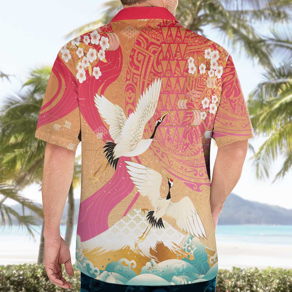 Hawaiian and Japanese Culture Together Hawaiian Shirt Kakau Art Tattoo with Cranes and Sakura Spring Vibe - Polynesian Pride
