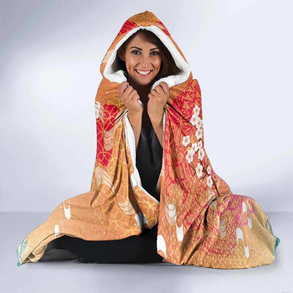 Hawaiian and Japanese Culture Together Hooded Blanket Kakau Art Tattoo with Cranes and Sakura Spring Vibe - Polynesian Pride