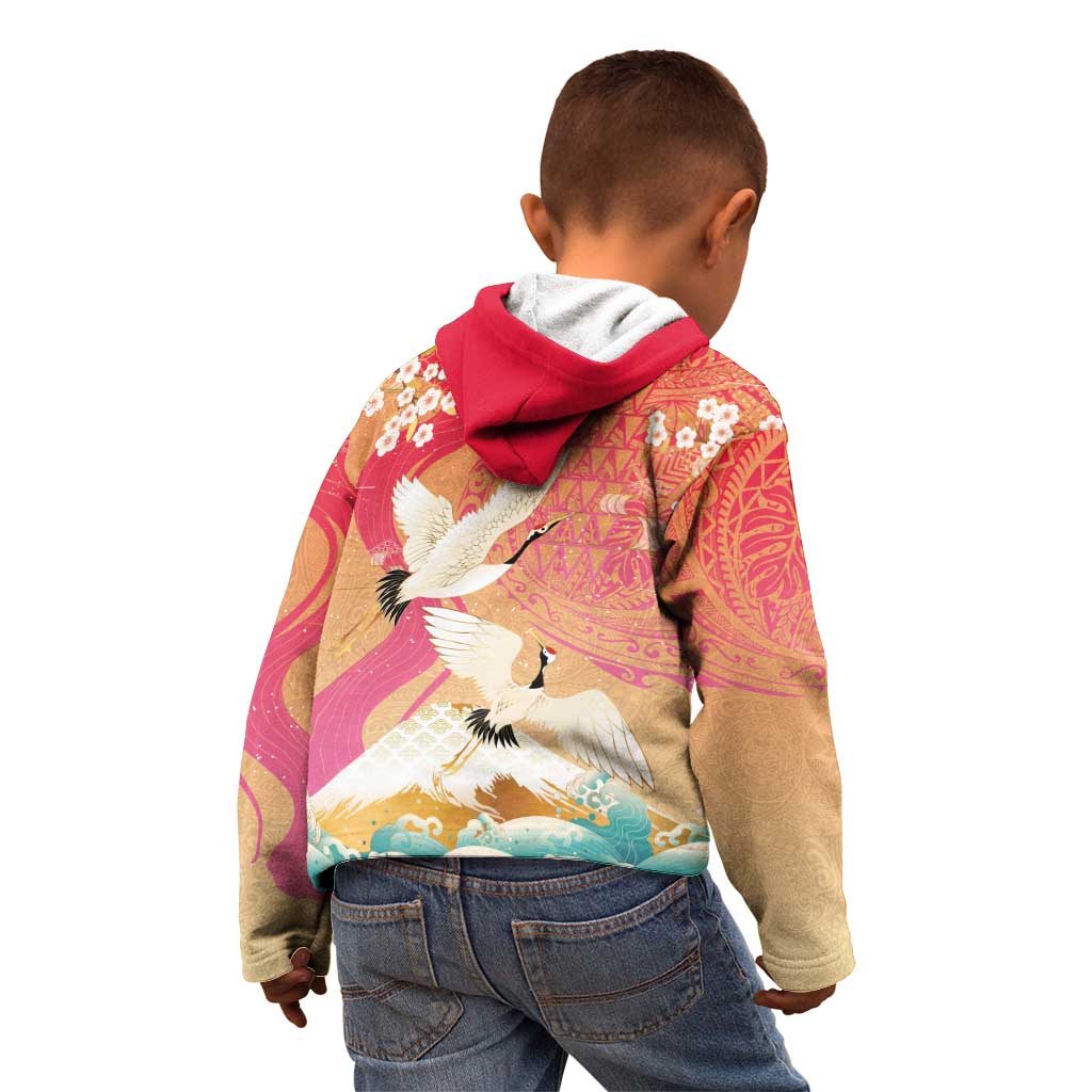 Hawaiian and Japanese Culture Together Kid Hoodie Kakau Art Tattoo with Cranes and Sakura Spring Vibe - Polynesian Pride