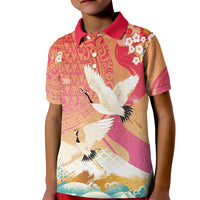 Hawaiian and Japanese Culture Together Kid Polo Shirt Kakau Art Tattoo with Cranes and Sakura Spring Vibe - Polynesian Pride