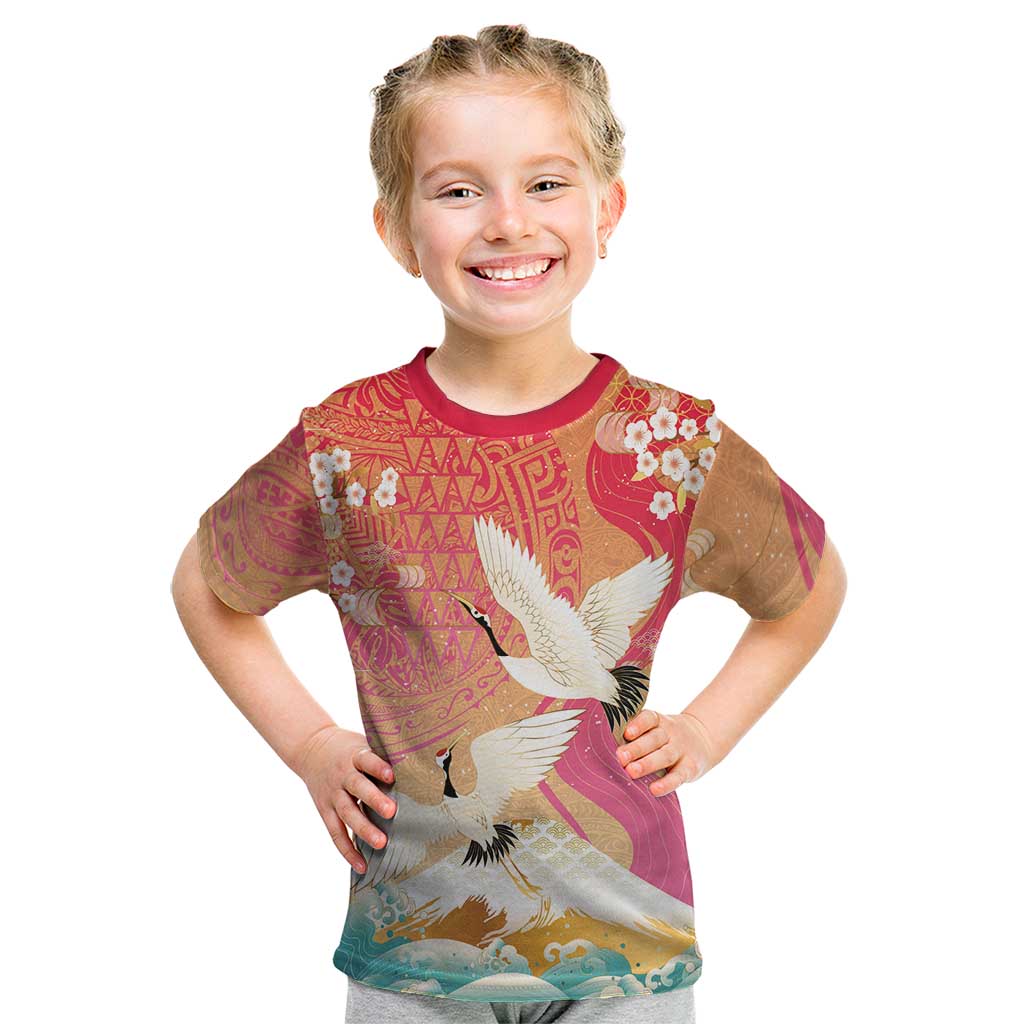 Hawaiian and Japanese Culture Together Kid T Shirt Kakau Art Tattoo with Cranes and Sakura Spring Vibe - Polynesian Pride