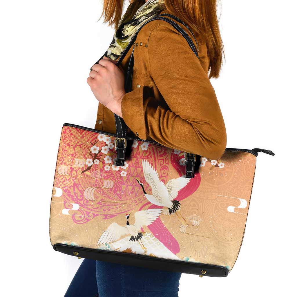 Hawaiian and Japanese Culture Together Leather Tote Bag Kakau Art Tattoo with Cranes and Sakura Spring Vibe - Polynesian Pride