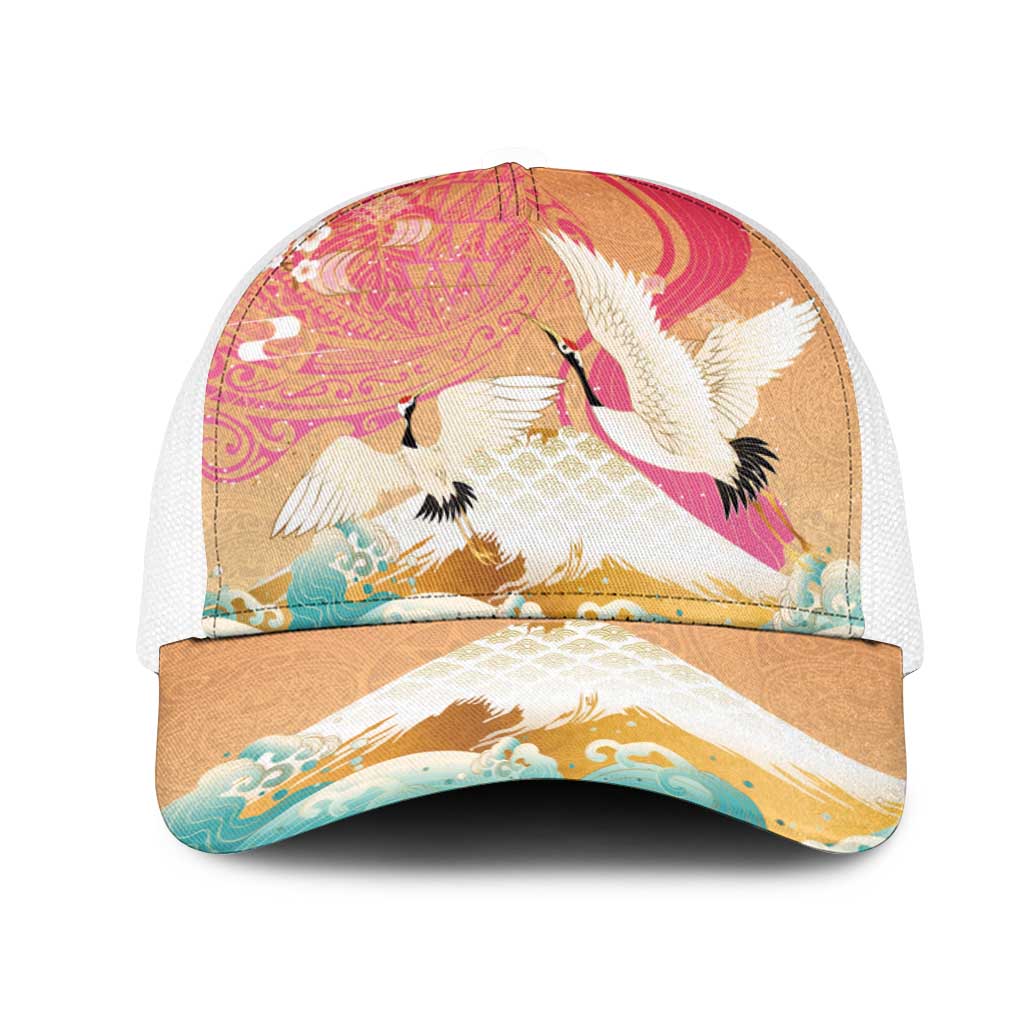 Hawaiian and Japanese Culture Together Mesh Trucker Cap Kakau Art Tattoo with Cranes and Sakura Spring Vibe - Polynesian Pride