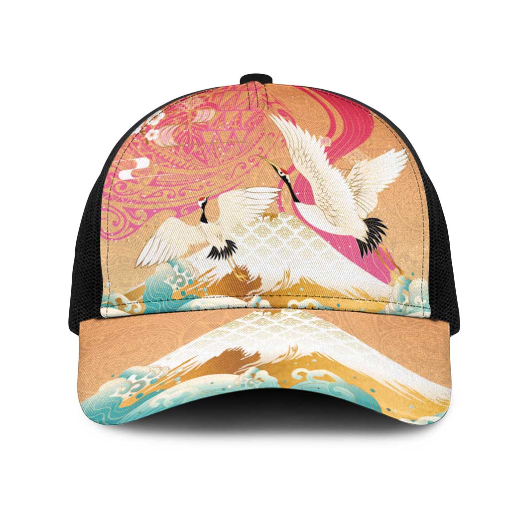 Hawaiian and Japanese Culture Together Mesh Trucker Cap Kakau Art Tattoo with Cranes and Sakura Spring Vibe - Polynesian Pride