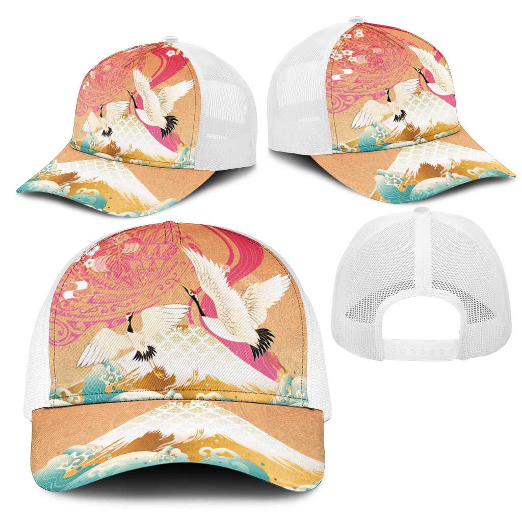 Hawaiian and Japanese Culture Together Mesh Trucker Cap Kakau Art Tattoo with Cranes and Sakura Spring Vibe - Polynesian Pride